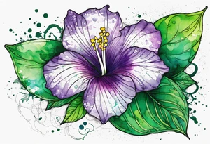 A mystical outline of a rio dipladenia flower and a green/purple watercolor splatter in the background tattoo idea