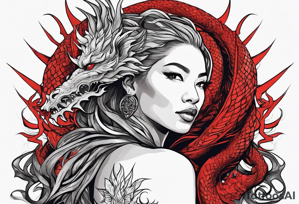 Red dragon wrapping around woman with locs tattoo idea