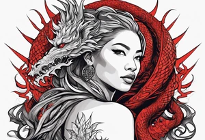 Red dragon wrapping around woman with locs tattoo idea