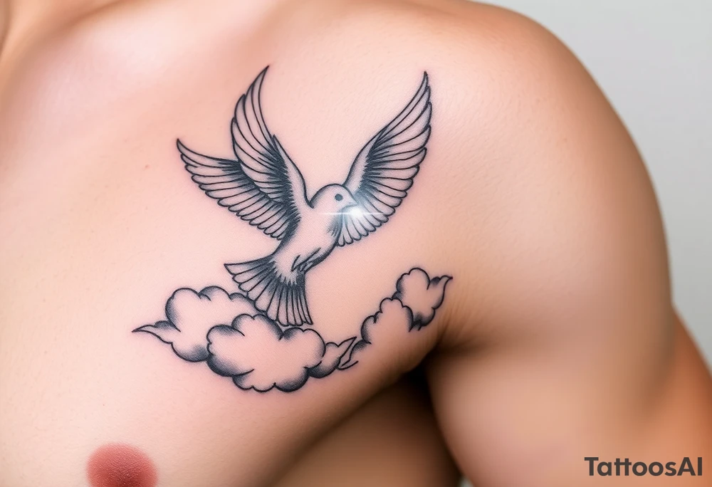 Dove and a blue jay, clouds, shining light to or from heaven tattoo idea
