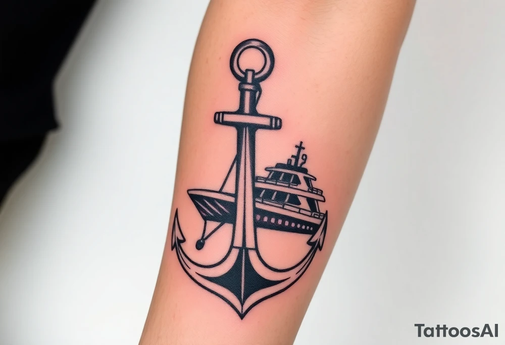 bold man with anchor and yacht
put on arm tattoo idea