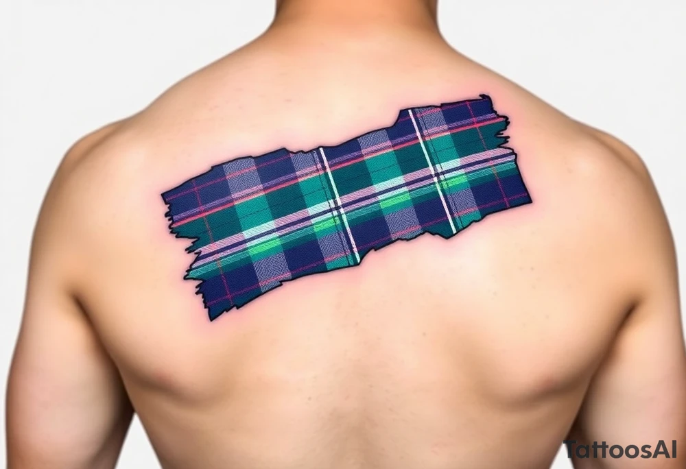 arm Dark Purple with green pink blue and white highlights tartan fabric with flesh peeling away at edges tattoo idea