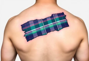 arm Dark Purple with green pink blue and white highlights tartan fabric with flesh peeling away at edges tattoo idea