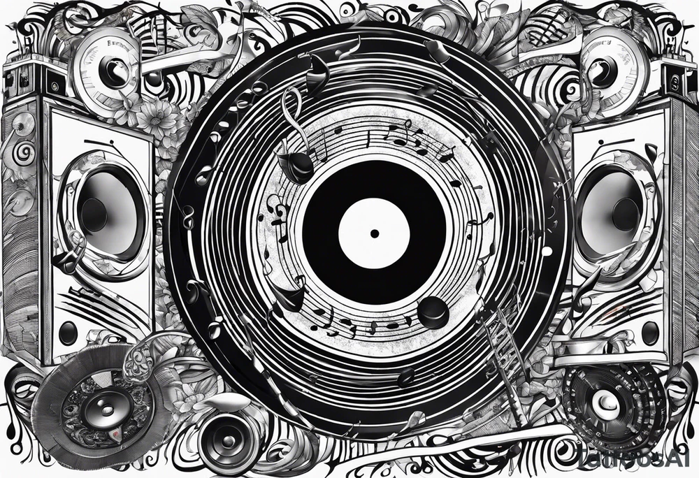 music notes surrounded by a record, a cassette tape, and saxophone parts tattoo idea