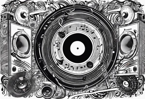 music notes surrounded by a record, a cassette tape, and saxophone parts tattoo idea