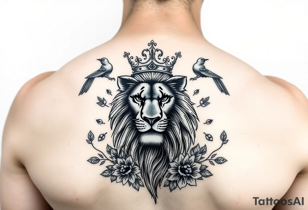 powerful majestic lion with a crown, surrounded by floral ornaments and birds tattoo idea