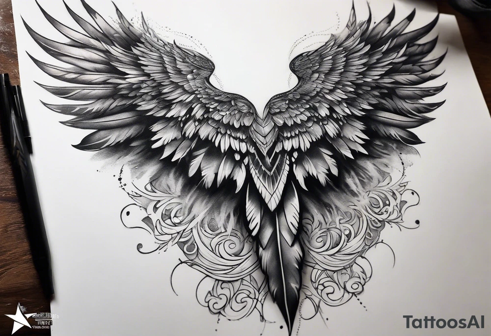 wings tattoo extending from a mens shoulders, covering the upper arms and upper back. The feathers are intricately detailed, with soft shading in black and gray to create depth and texture. tattoo idea