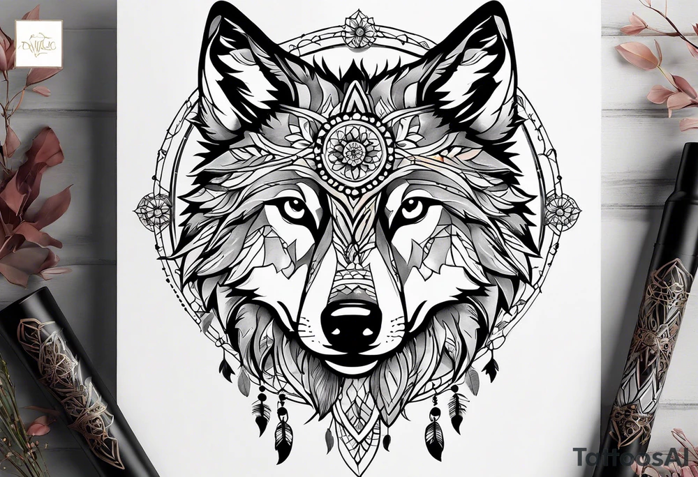 A whimsical wolf tattoo featuring mandala or dream catcher elements, with the wolf as the central focus. Show the wolves whole body standing surrounded by mountains in the background. Include flowers and nature elements to fill the space around the wolf. Some color but not completely solid bold color tattoo idea
