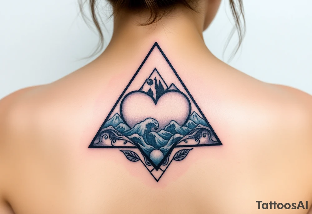 A triangle with a big heart in the center with an ocean mountain theme tattoo idea