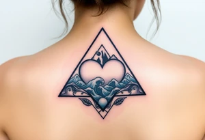 A triangle with a big heart in the center with an ocean mountain theme tattoo idea