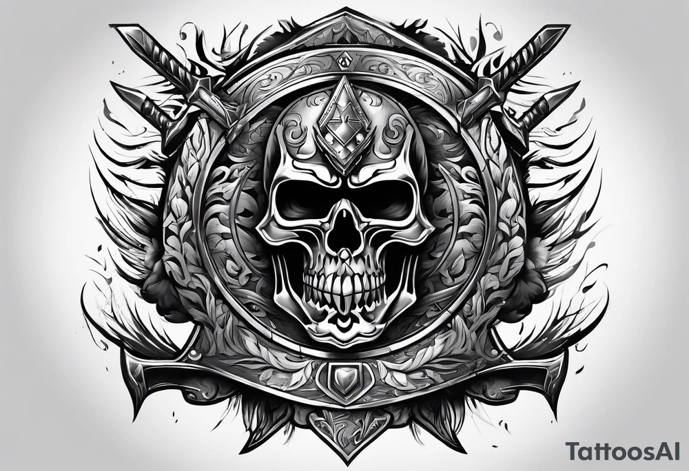 A flaming shield adorned with a mountain and a war hammer tattoo idea