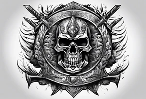 A flaming shield adorned with a mountain and a war hammer tattoo idea