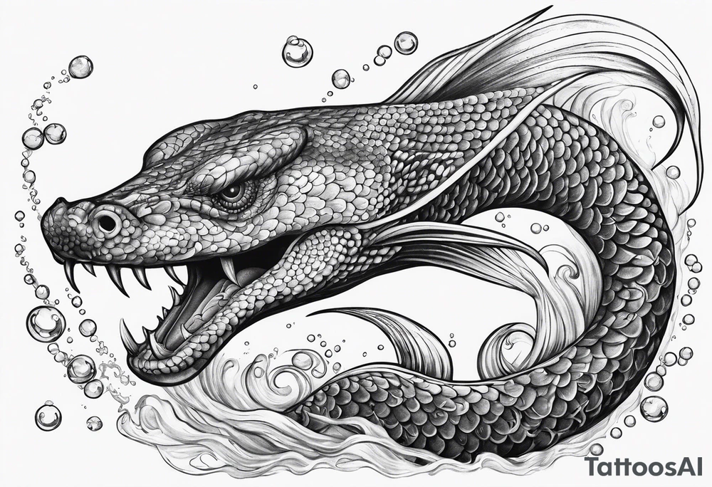 sea serpent underwater with fish and bubbles tattoo idea