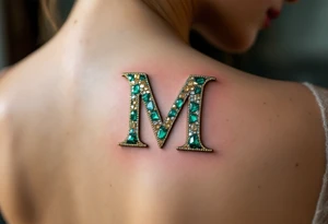 A mosaic-style "M" made of gold and emerald tiles, creating a royal effect. tattoo idea