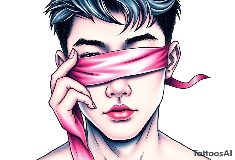 Handsome Asian young guy with 
 eyes covered with a ribbon touching it tattoo idea