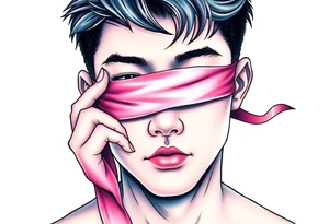 Handsome Asian young guy with 
 eyes covered with a ribbon touching it tattoo idea