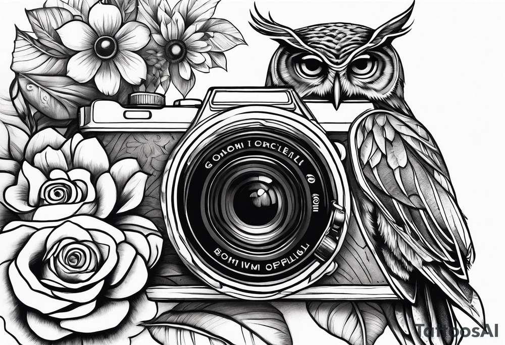 Sunflower, camera, book, owl, flower rose tattoo idea