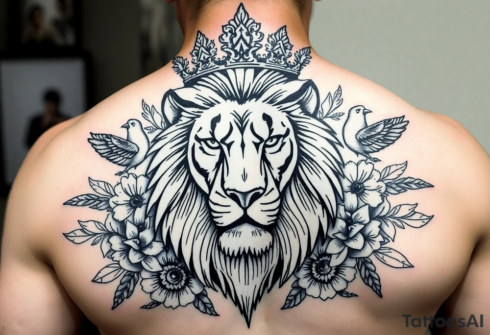 powerful majestic lion with a crown, surrounded by floral ornaments and birds tattoo idea