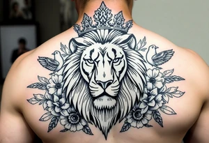 powerful majestic lion with a crown, surrounded by floral ornaments and birds tattoo idea