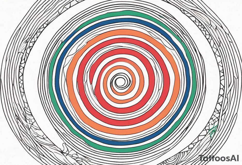 circular swirl of red, blue, orange, and green stripes tattoo idea