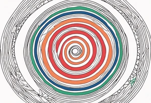 circular swirl of red, blue, orange, and green stripes tattoo idea