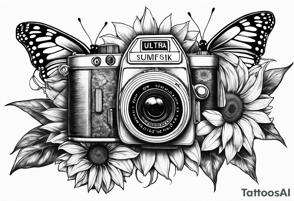 Butterfly, sunflower, camera, book tattoo idea