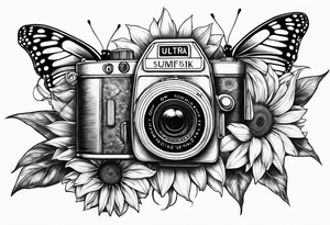 Butterfly, sunflower, camera, book tattoo idea
