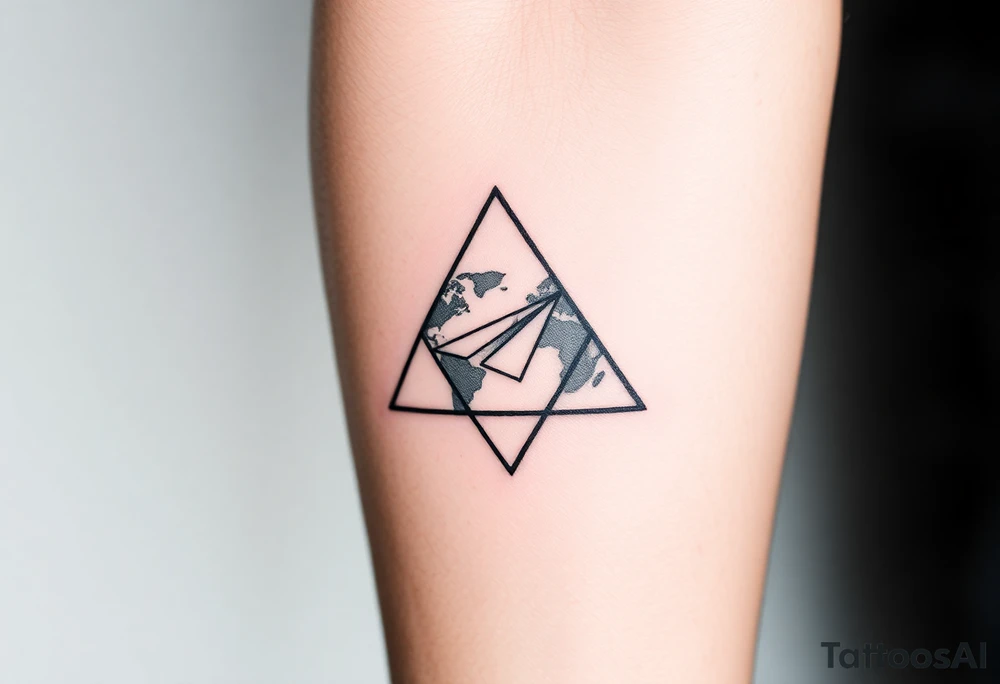 Small geometric triangle with a geometric paper plane going around the world with thin fine lines tattoo idea