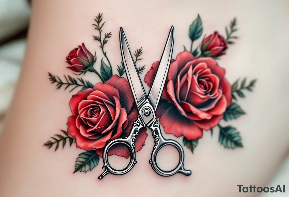 Scissors with Roses Tattoo – A pair of silver scissors cutting through roses with deep red petals and green leaves, symbolizing the balance of beauty and precision, with delicate detailing in black and gray. tattoo idea