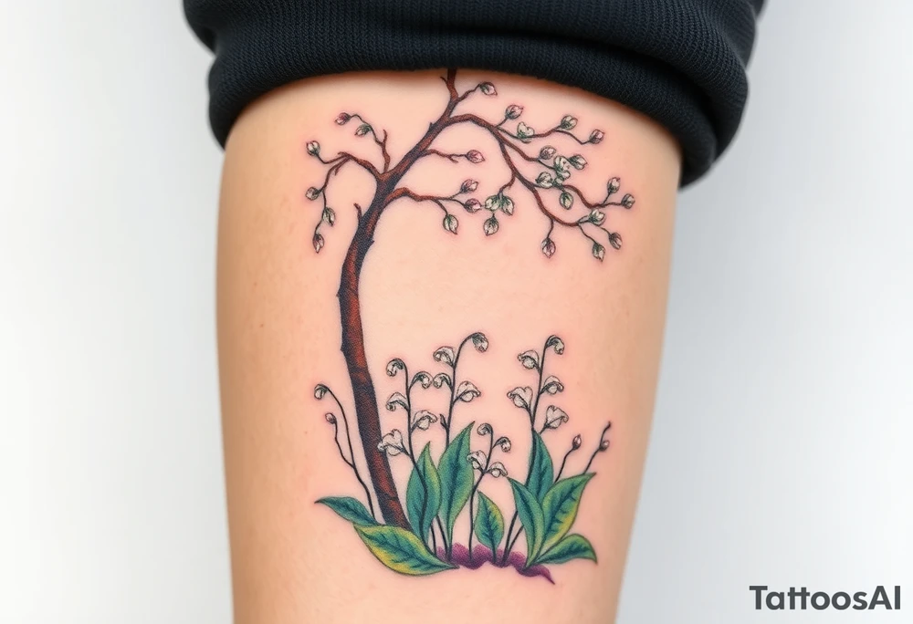 Lilly of the vally bell plants on the ground underneath a blooming hawthorn tree tattoo idea