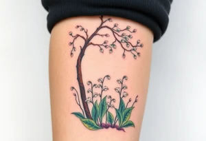 Lilly of the vally bell plants on the ground underneath a blooming hawthorn tree tattoo idea