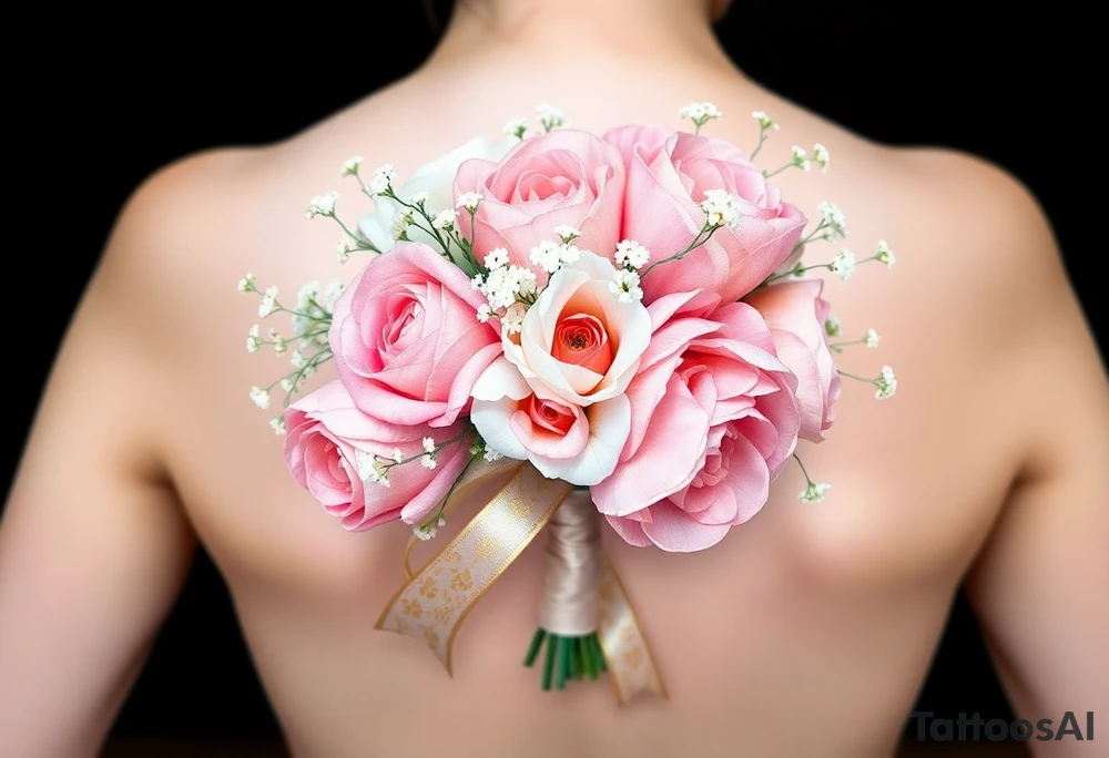 A delicate, hand-tied bouquet of roses, peonies, and baby’s breath, with soft pink, ivory, and pastel peach petals. The stems are wrapped in a silk ribbon with golden embroidery, flowing gently in the wind. Subtle watercolor shading creates a dreamy, romantic feel. tattoo idea