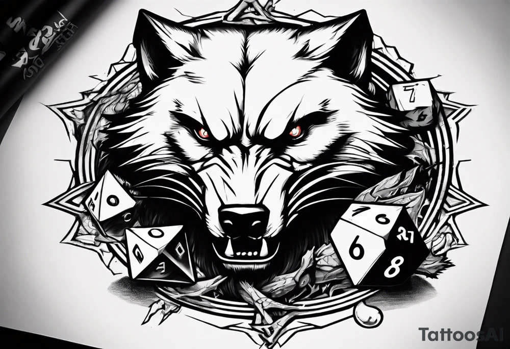 A 20 sided Dice in the center with numbers and wolverine claw marks framing the area underneath the dice and a werewolf in the background tattoo idea