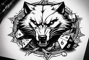 A 20 sided Dice in the center with numbers and wolverine claw marks framing the area underneath the dice and a werewolf in the background tattoo idea
