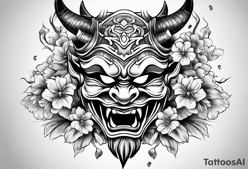 oni mask with flower petals falling around it tattoo idea