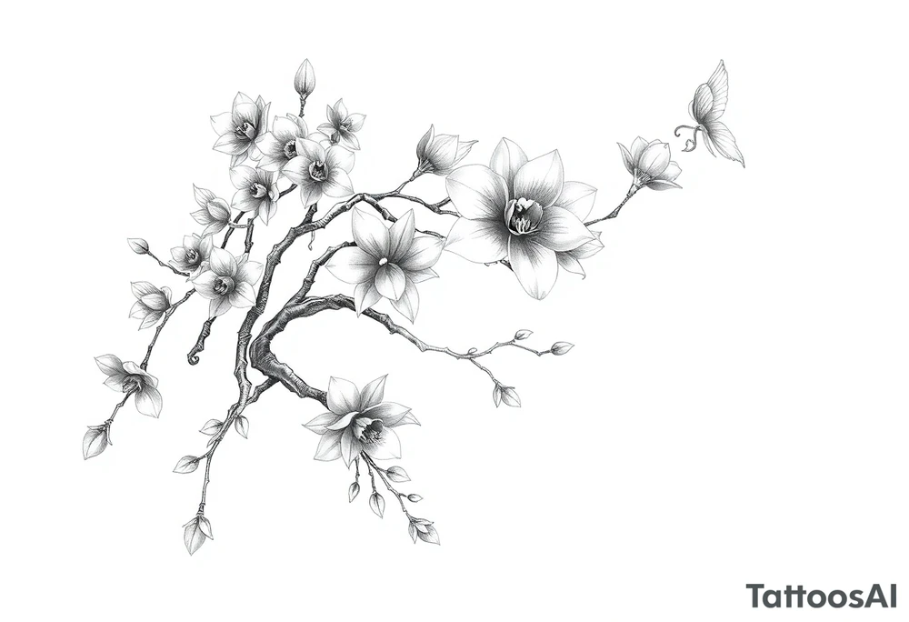 Orchid or cherry blossom tree and lotus and snake and angels on a woman tattoo idea