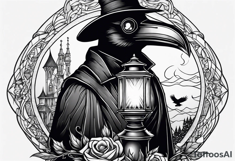 plague doctor, lantern, fire, raven tattoo idea