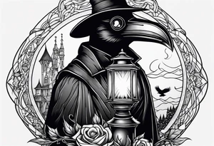 plague doctor, lantern, fire, raven tattoo idea