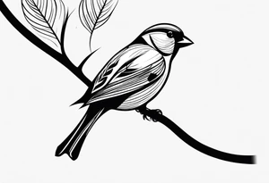 “Generate a simple tattoo design of a finch, showcasing its distinctive shape and a few delicate leaves to enhance the composition.” tattoo idea