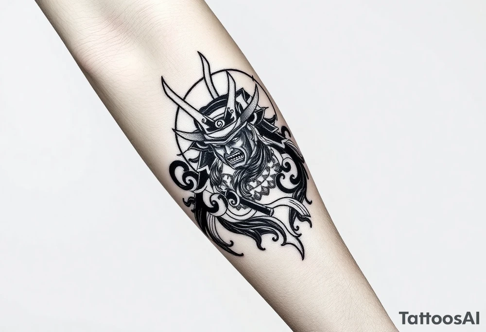 amaterasu and samurai arm sleeve tattoo idea