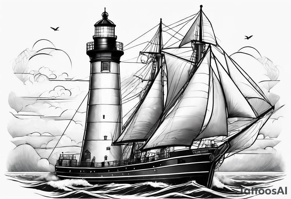 maritime lighthouse partially hidden by its  large fixed sails. tattoo idea