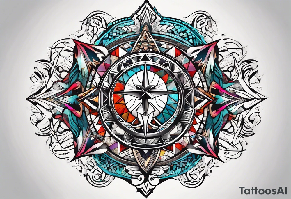 Geometric tapestry with trident and and marathon on arm tattoo idea