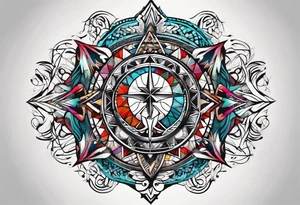 Geometric tapestry with trident and and marathon on arm tattoo idea