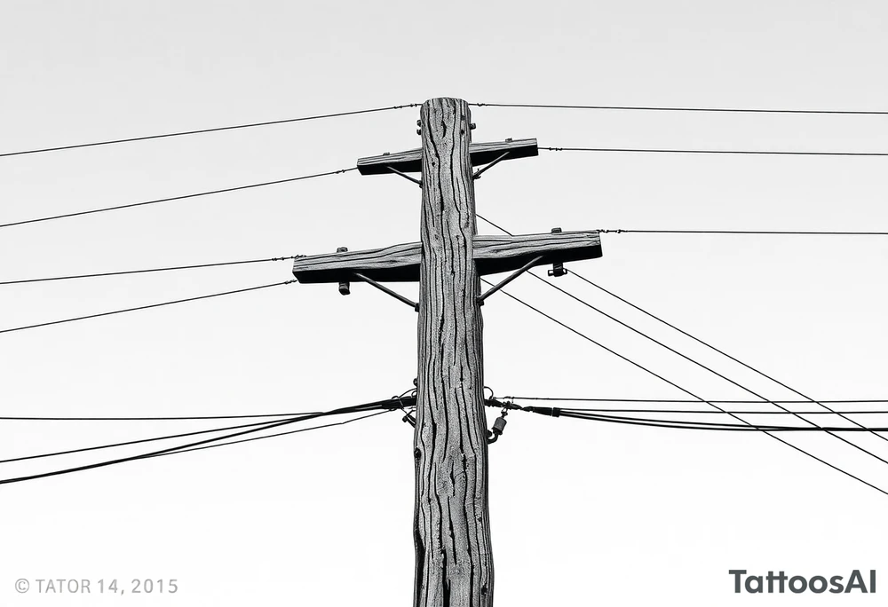 a wooden 12kv distribution pole with electrical lines. Make the pole a cross that has a hidden resemblance to god. tattoo idea