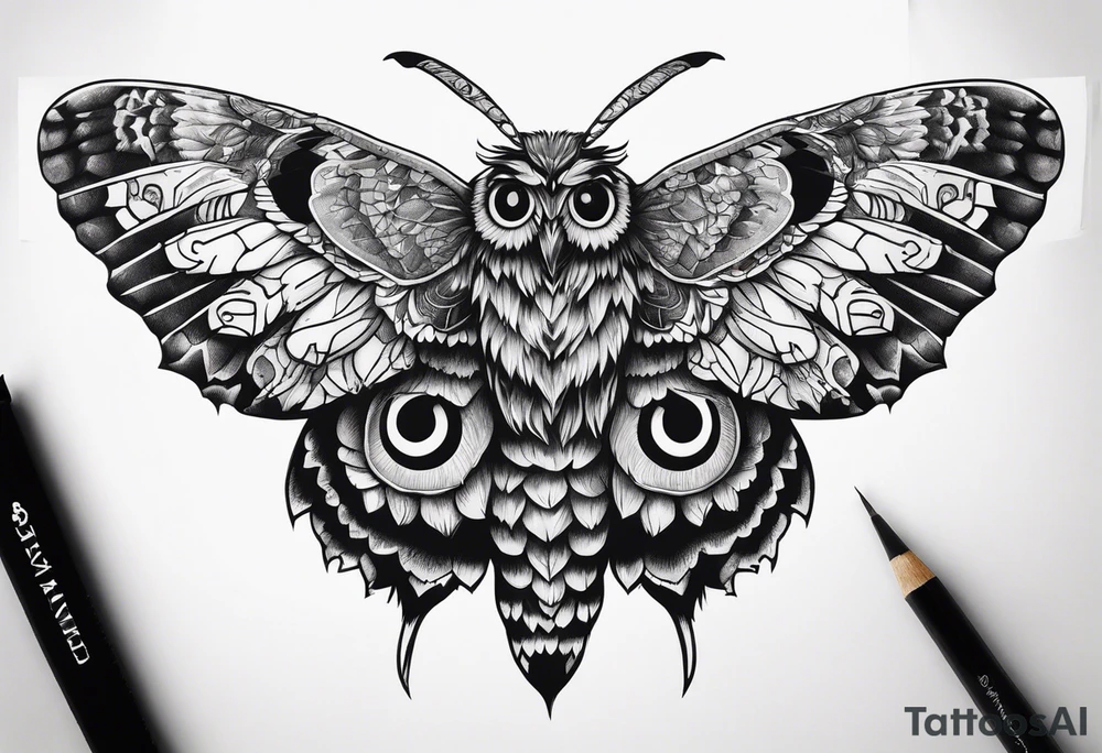 Dead head moth with long wings and owl eyes tattoo idea