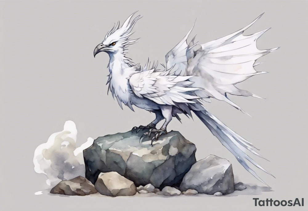 a white bird-wyvern hybrid, wearing a grey crown, perched on a stone tattoo idea