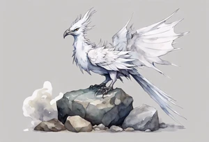 a white bird-wyvern hybrid, wearing a grey crown, perched on a stone tattoo idea