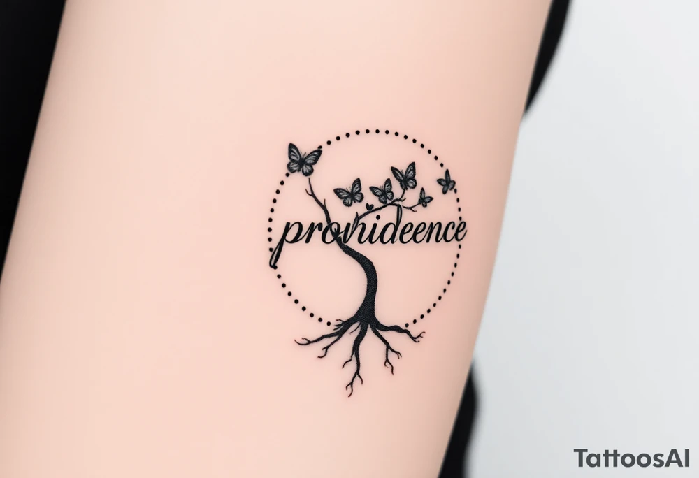 a tree of life that has small roots but its roots lead into a dotted circle with three butterflies coming out of the top right of the circle and the word “providence” is written in fancy letters on the outside of circle but curving around the circle on the left side tattoo idea
