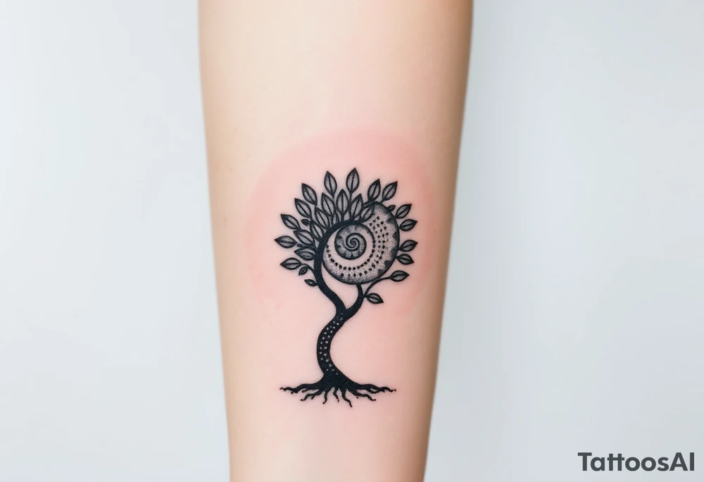 Fibonacci spiral shell on side of base of tree full of lots of leaves tattoo idea