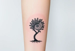 Fibonacci spiral shell on side of base of tree full of lots of leaves tattoo idea